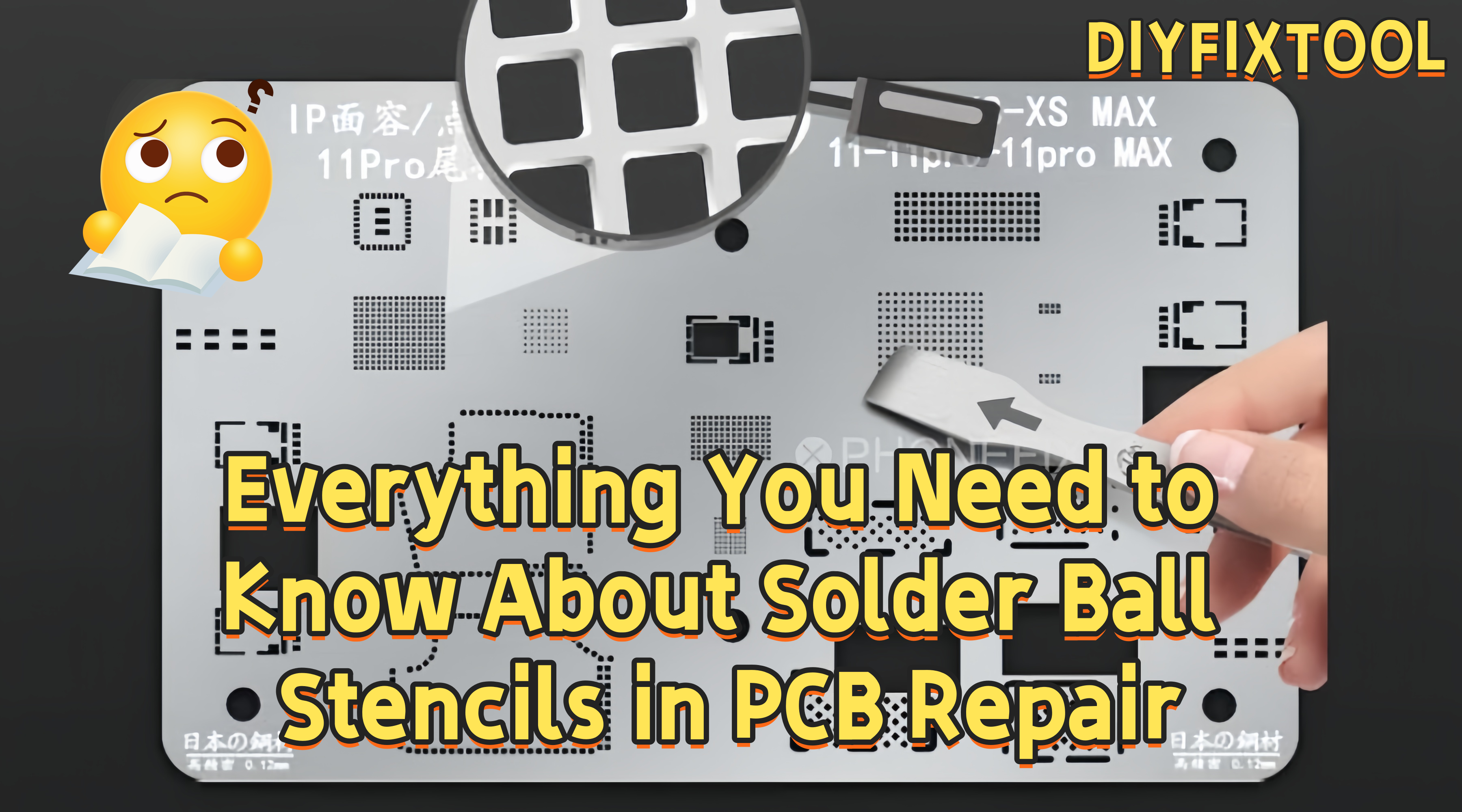Hand holds a metal solder ball stencil for PCB repair with text overlay and repair tools visible.