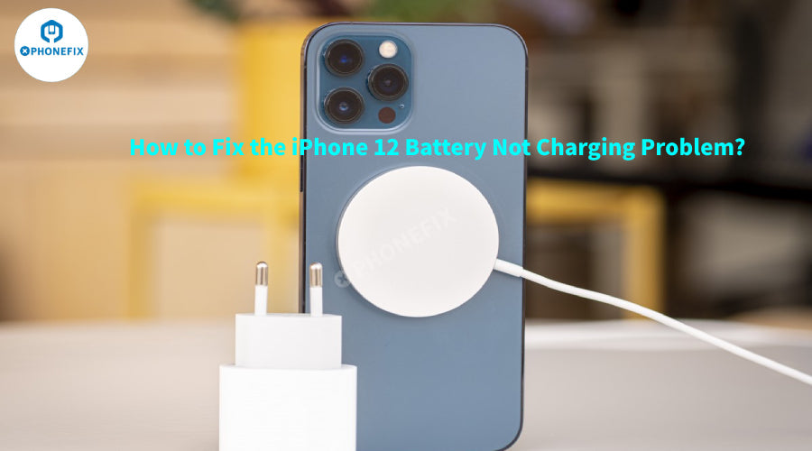 iPhone 12 with wireless charging pad and power adapter on table, focus on battery charging solution.