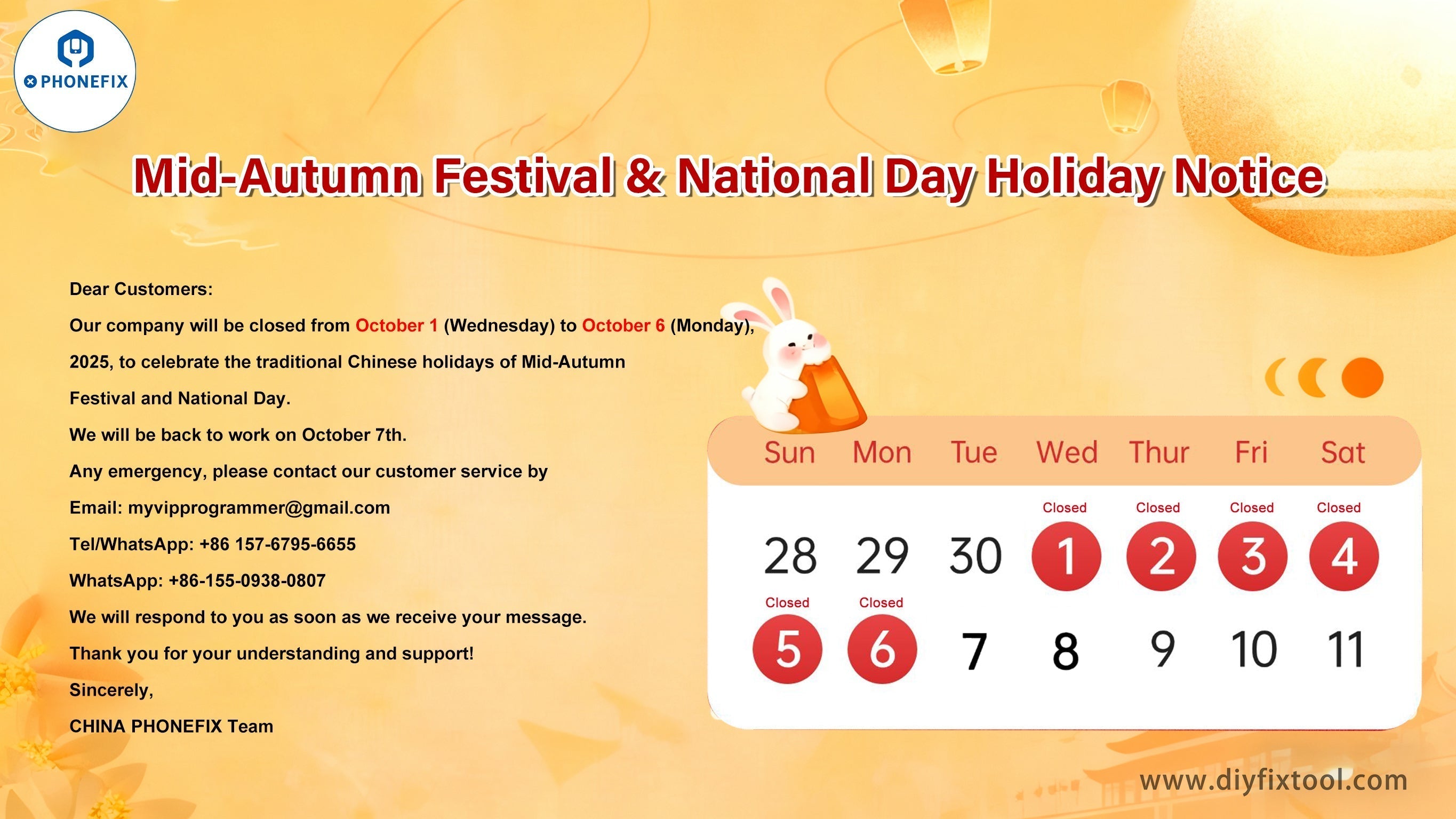 National Day & Mid-Autumn Festival Holiday Notice