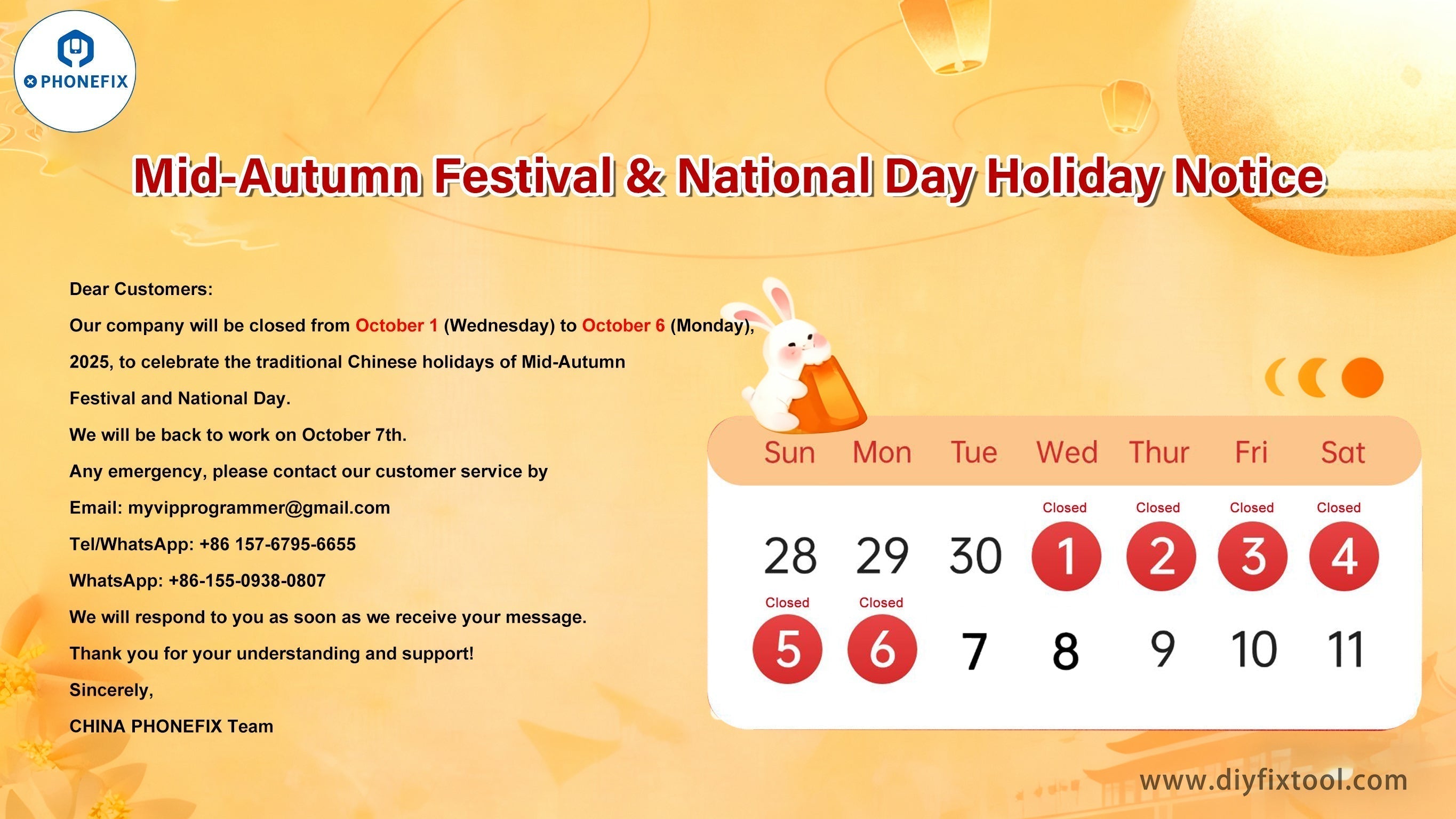 Mid-Autumn Festival and National Day 2025 holiday notice with closure dates, friendly rabbit, and lanterns on orange background.