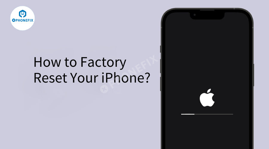 iPhone factory reset screen with Apple logo and progress bar, text says 'How to Factory Reset Your iPhone?'