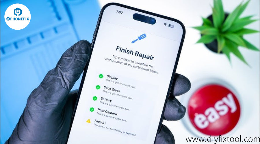 Gloved hand holding smartphone displaying 'Finish Repair' screen, with repair parts status icons visible, beside an 'easy' button and a small plant, mobile phone repair context.