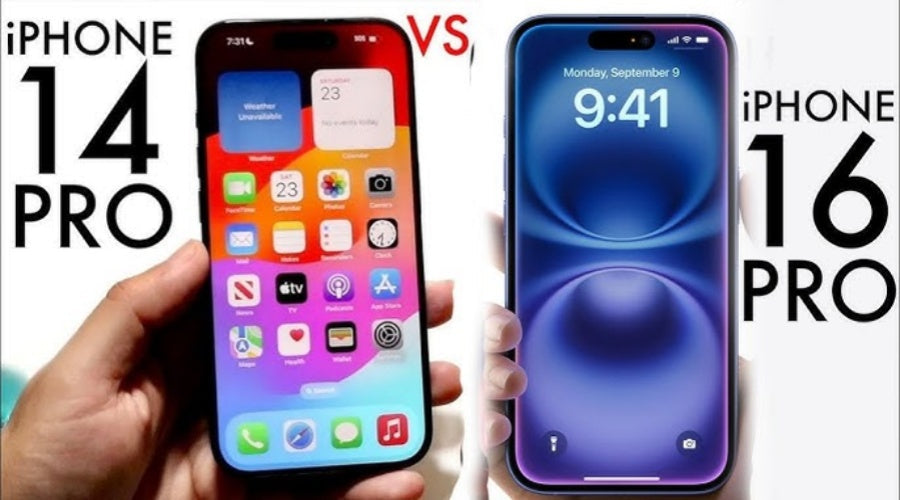 Side-by-side comparison of iPhone 14 Pro and iPhone 16 Pro held in hand with screens on.