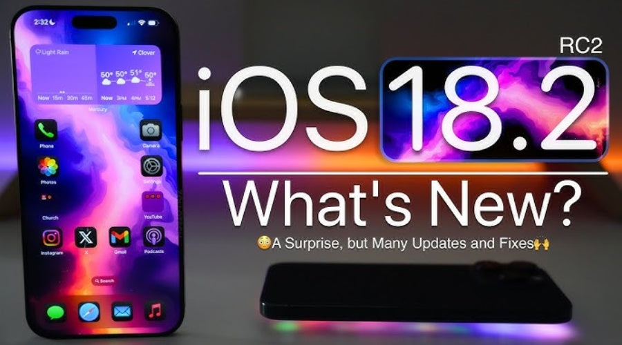 iPhone displaying colorful iOS 18.2 home screen with text highlighting new features and updates