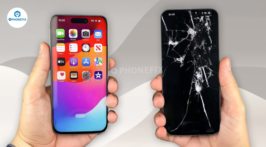 Hand holding iPhone with repaired screen beside hand holding iPhone with cracked screen