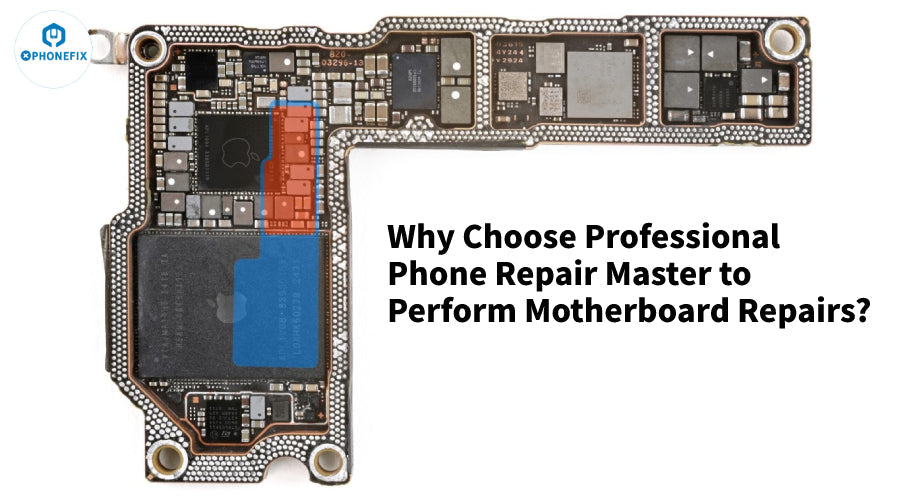 Smartphone motherboard close-up with text promoting professional phone motherboard repair services.