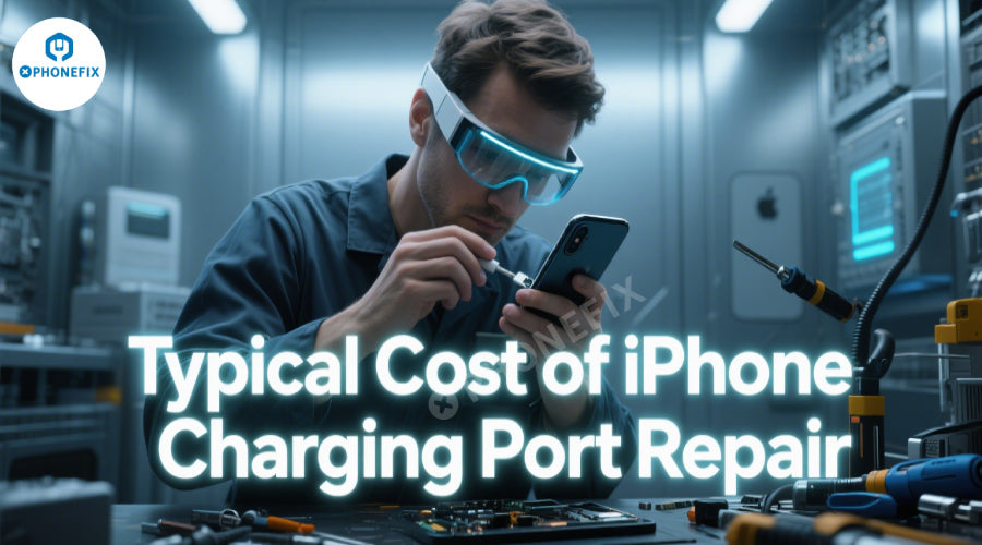 Technician repairing iPhone charging port in workshop, surrounded by phone repair tools and equipment.