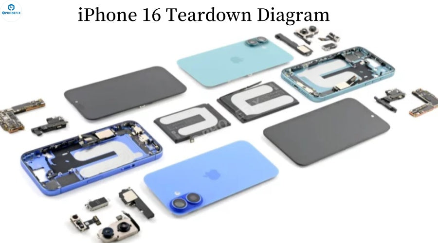 iPhone 16 teardown showing disassembled internal components and repair parts kit.