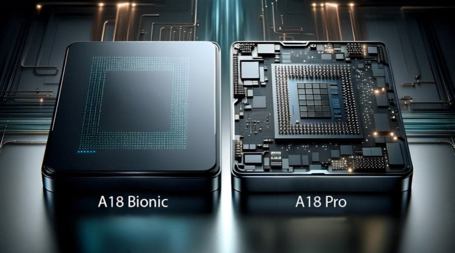 A18 Bionic and A18 Pro smartphone chips side by side on a tech-themed background