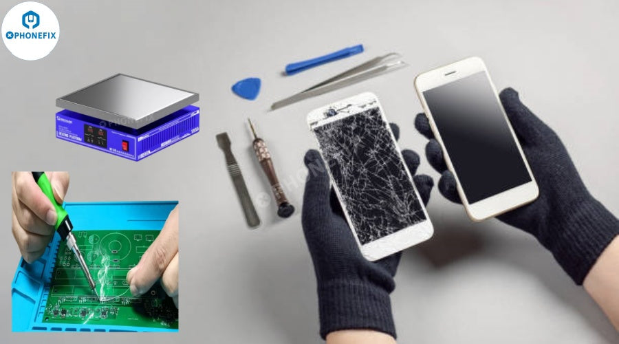 Gloved hands holding a cracked and a repaired smartphone with phone repair tools and soldering equipment.