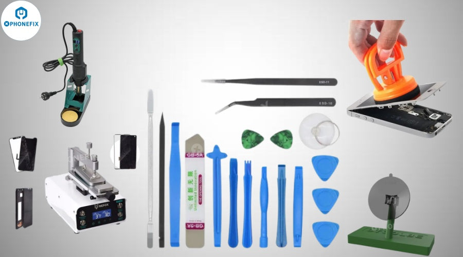 Mobile phone repair kit with tools, tweezers, suction cup, screen opener, and accessories.