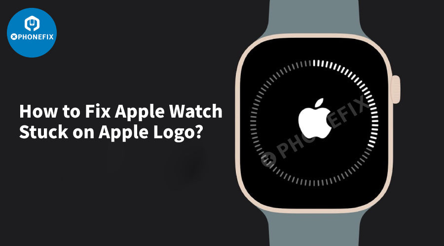 Apple Watch stuck on logo screen with fix guide text, repair troubleshooting illustration