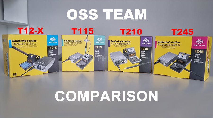 OSS Team soldering station T12-X, T115, T210, T245 comparison, product boxes on table