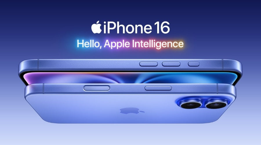 Blue iPhone 16 smartphones showcased with dual rear cameras and highlighted display, Apple Intelligence announcement.