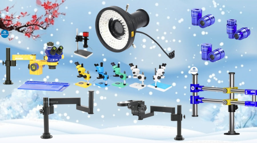 Mobile phone repair tools, microscopes, and accessories on a snowy festival-themed background.
