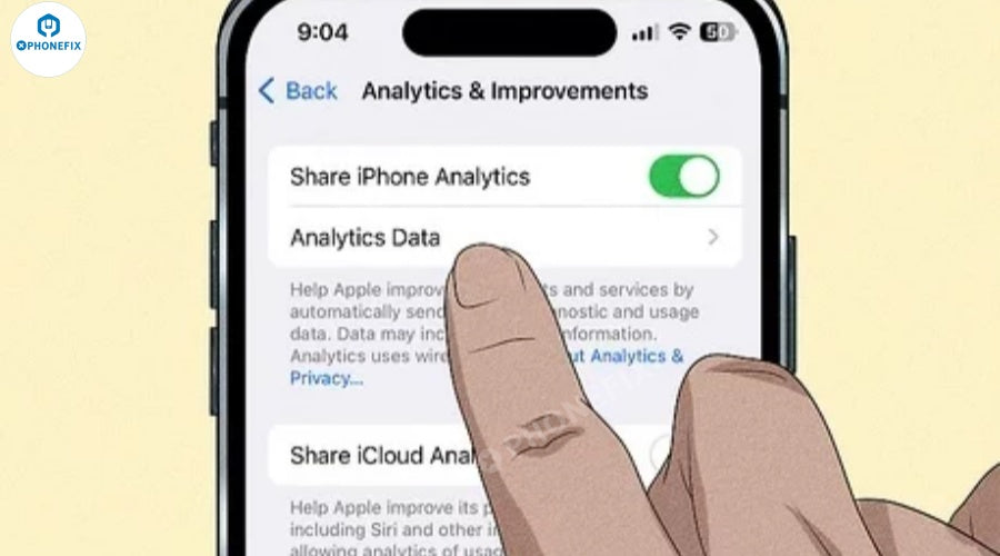 Hand adjusting iPhone Analytics settings on smartphone screen for diagnostics and data sharing