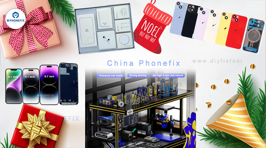 Festive-themed collage featuring mobile phone repair kits, tools, smartphone parts, and Christmas decorations.