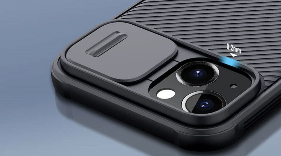 Close-up of a black phone case with camera lens protector and textured design for smartphone.
