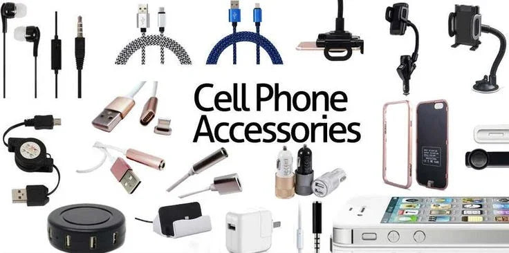 Assorted cell phone accessories including chargers, cables, earphones, cases, and holders.