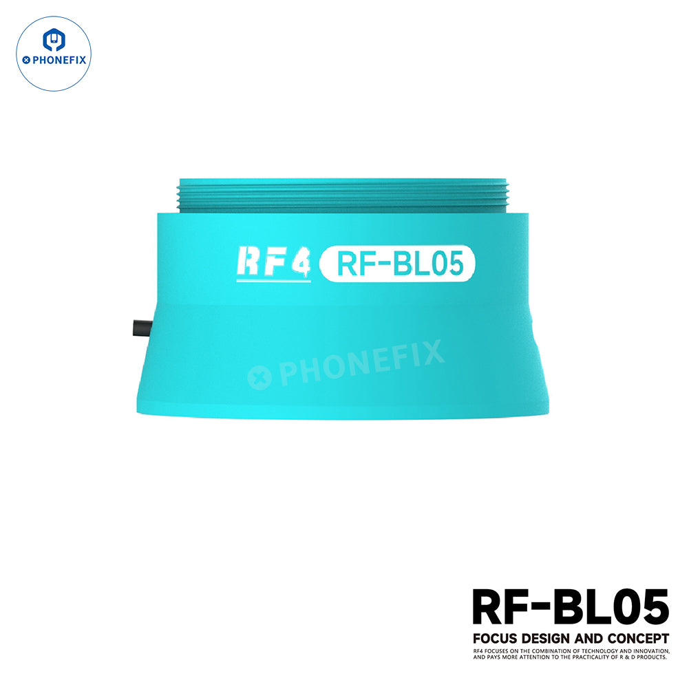 Integrated LED illumination auxiliary objective for microscopes, RF4 RF-BL05/RF-BL07 by PHONEFIX, shown attached to a microscope.