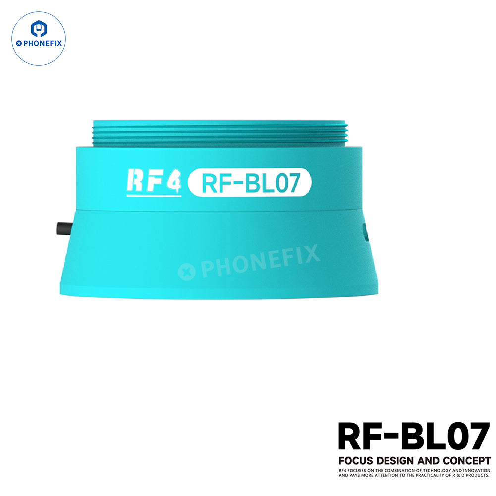 PhoneFix RF4 RF-BL07 integrated LED illumination auxiliary objective attached to a microscope for enhanced illumination.