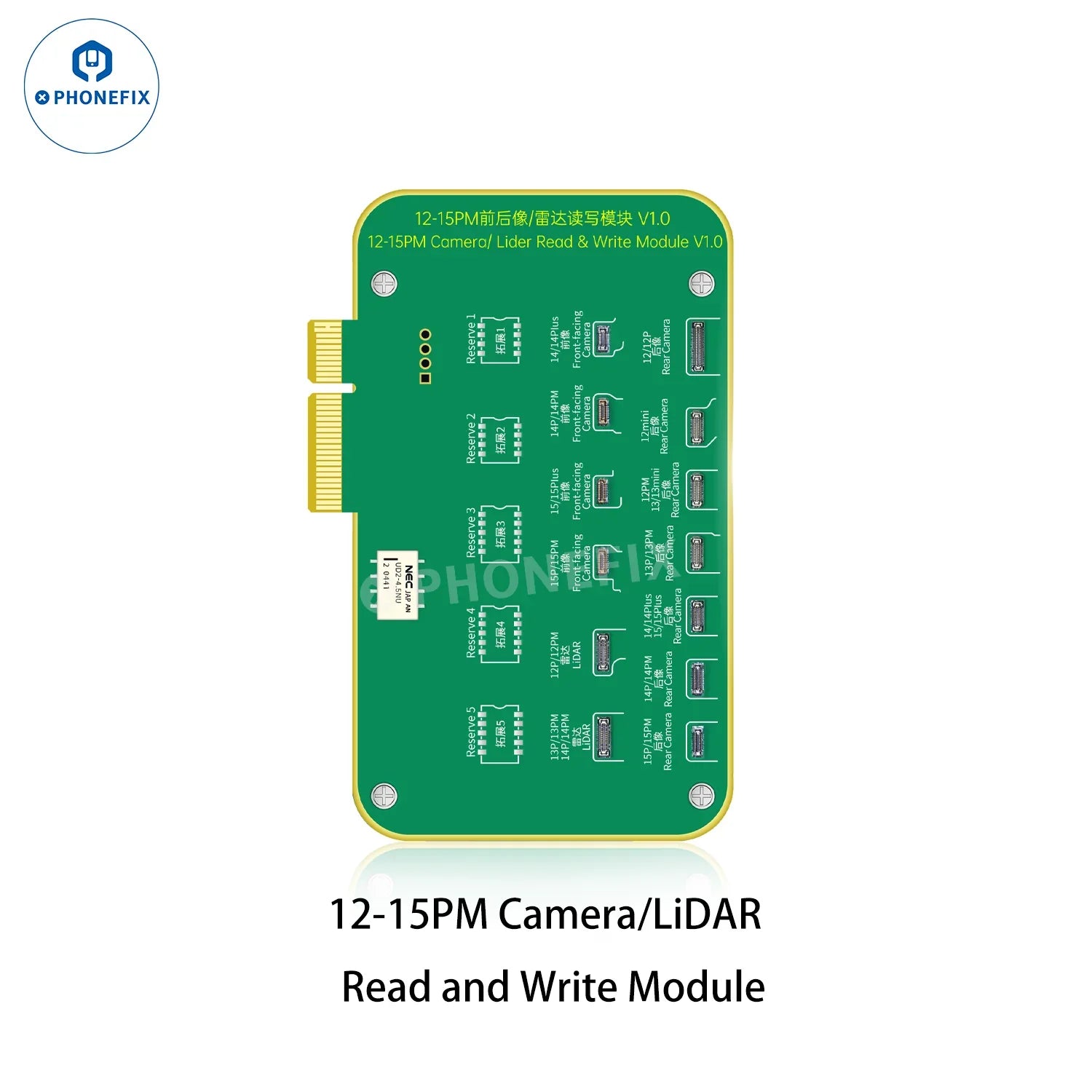 Green 12-15PM camera LiDAR read and write module for phone repair, ports and labels visible