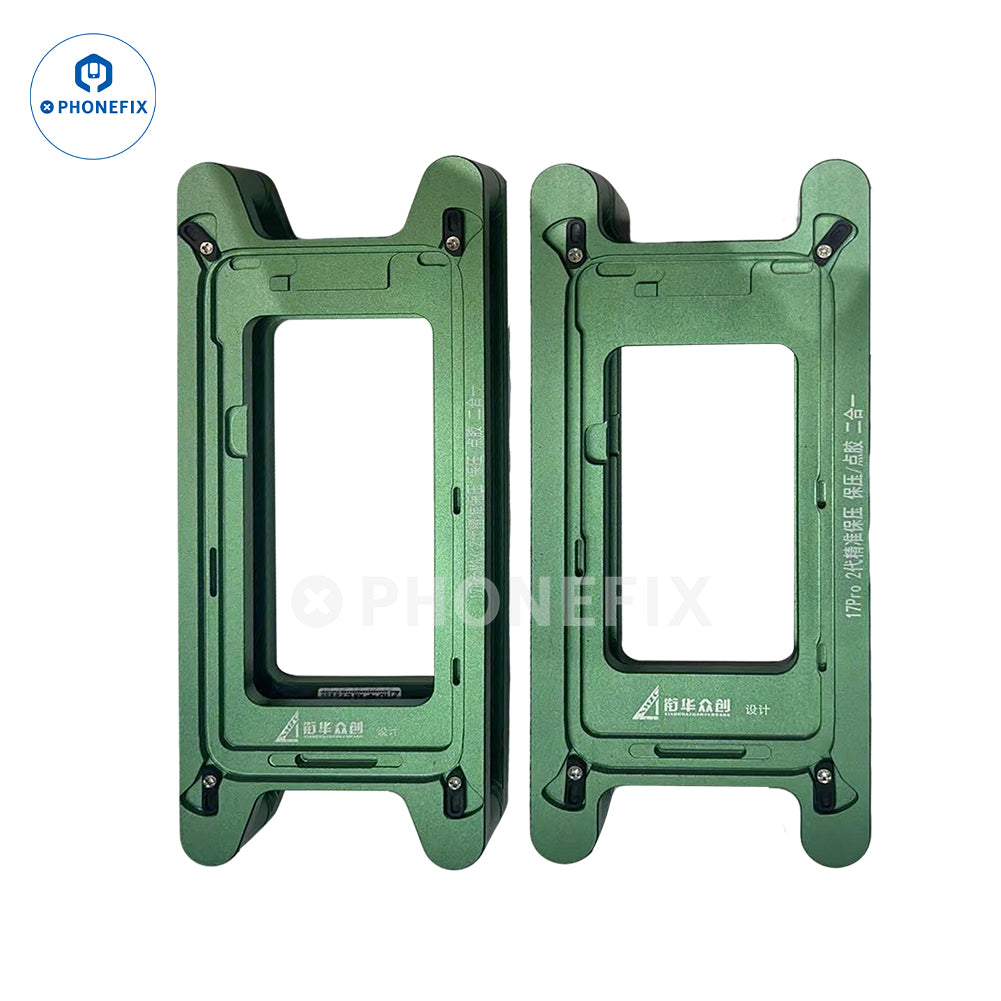 Green metal pressure molds for phone screen repair and alignment, two pieces on white background