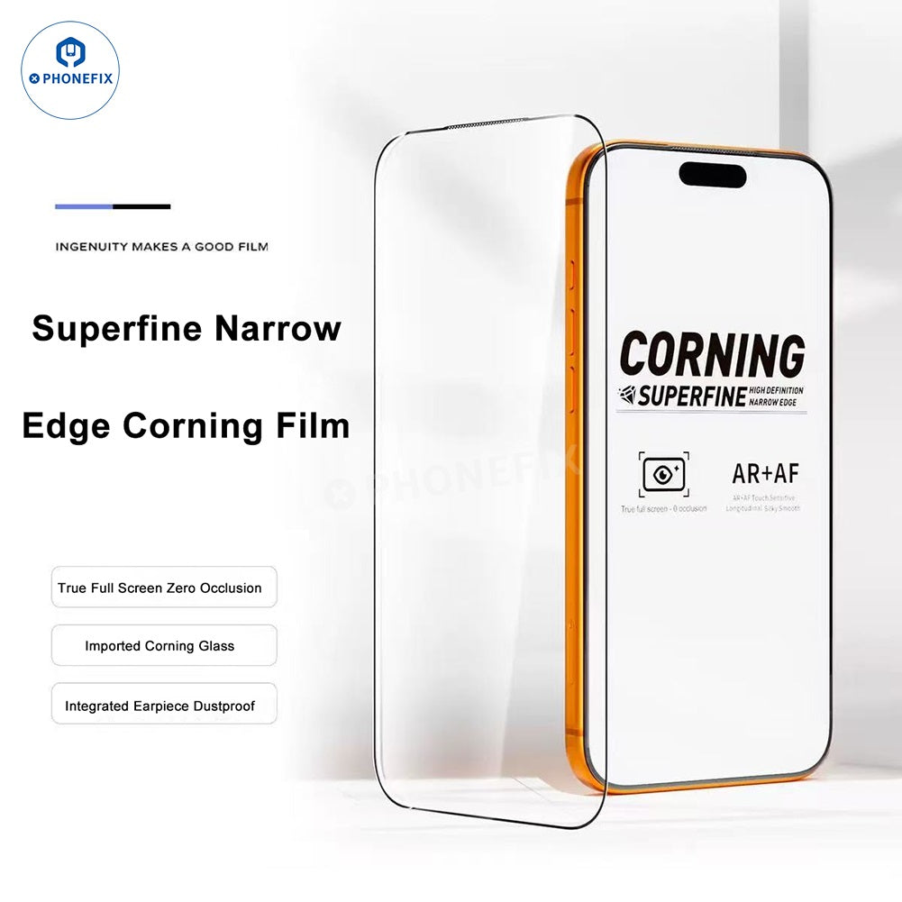 PHONEFIX Superfine Edge tempered glass screen protector for iPhone 18 series, showing clear, durable film with smooth edges.