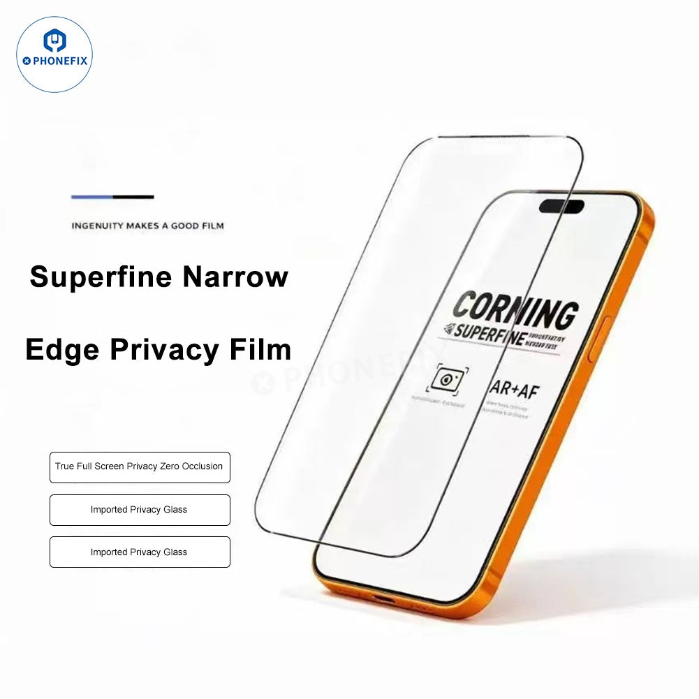 PhoneFix Superfine Edge Corning 35KG tempered glass screen protector for iPhone 18 series with privacy filter and edge-to-edge coverage.