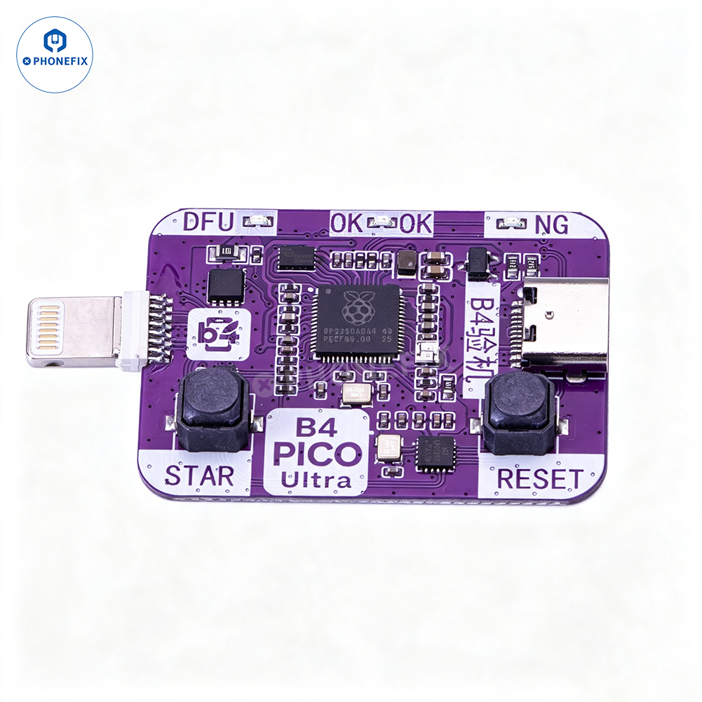 PHONEFIX B4 PICO RP2350A Pwned DFU Tool for iOS A12/A13 passes and erases phone passcodes, shown in the image.