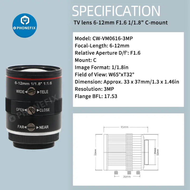 2.0MP 60FPS Industry Camera 6-12mm F1.6 Lens for Video