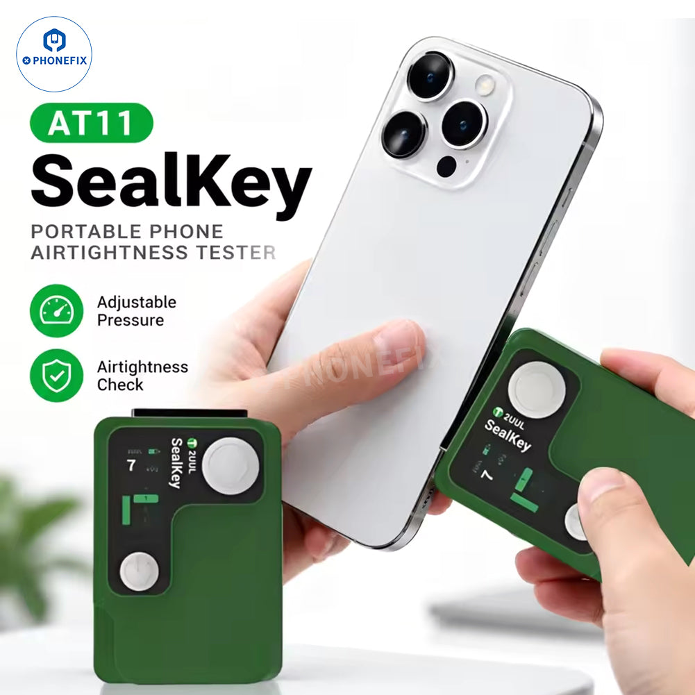 PHONEFIX 2UUL AT11 SealKey portable phone airtightness tester and air leak detector for phone repair, showing device and testing interface.