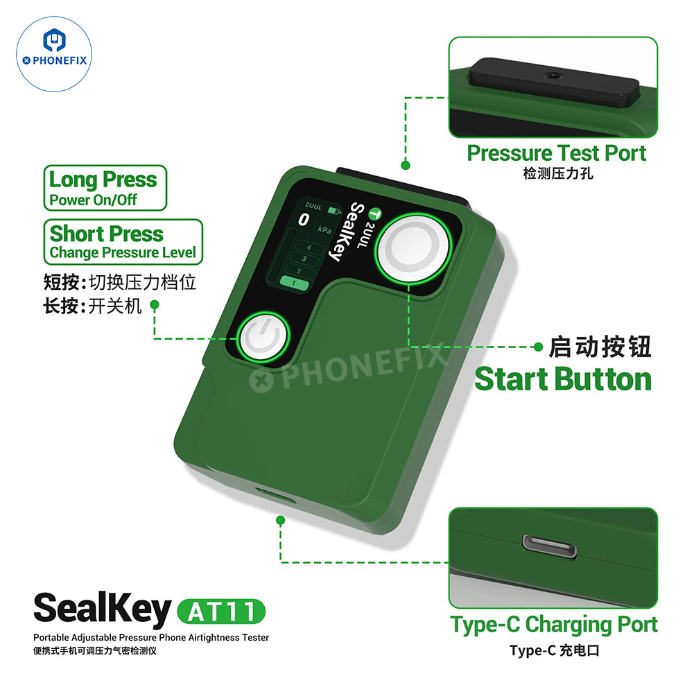 PHONEFIX 2UUL AT11 SealKey portable phone airtightness tester and air leak detector for phone repair testing and sealing.