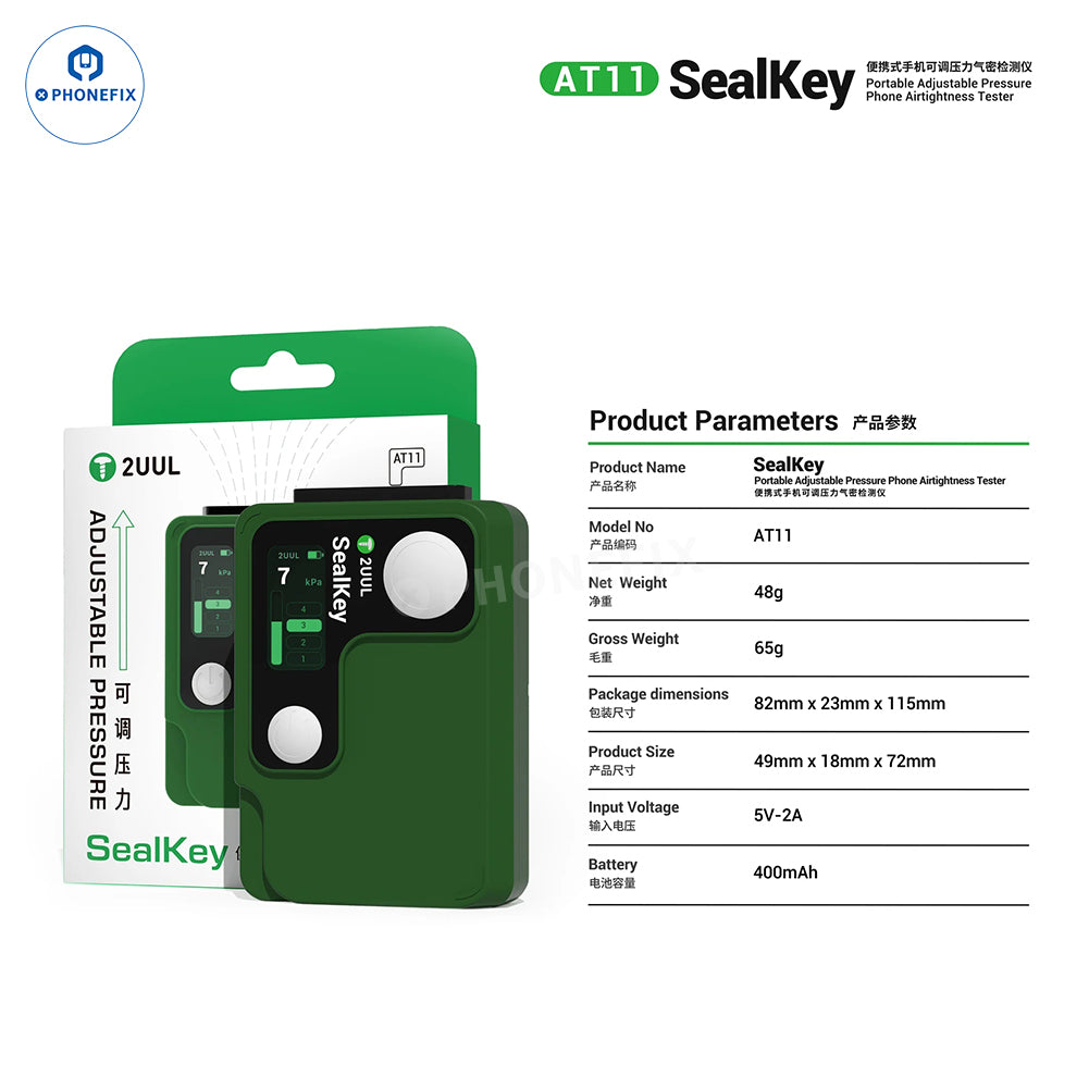 PHONEFIX 2UUL AT11 SealKey portable phone air leak detector used for testing airtightness in phone repairs.