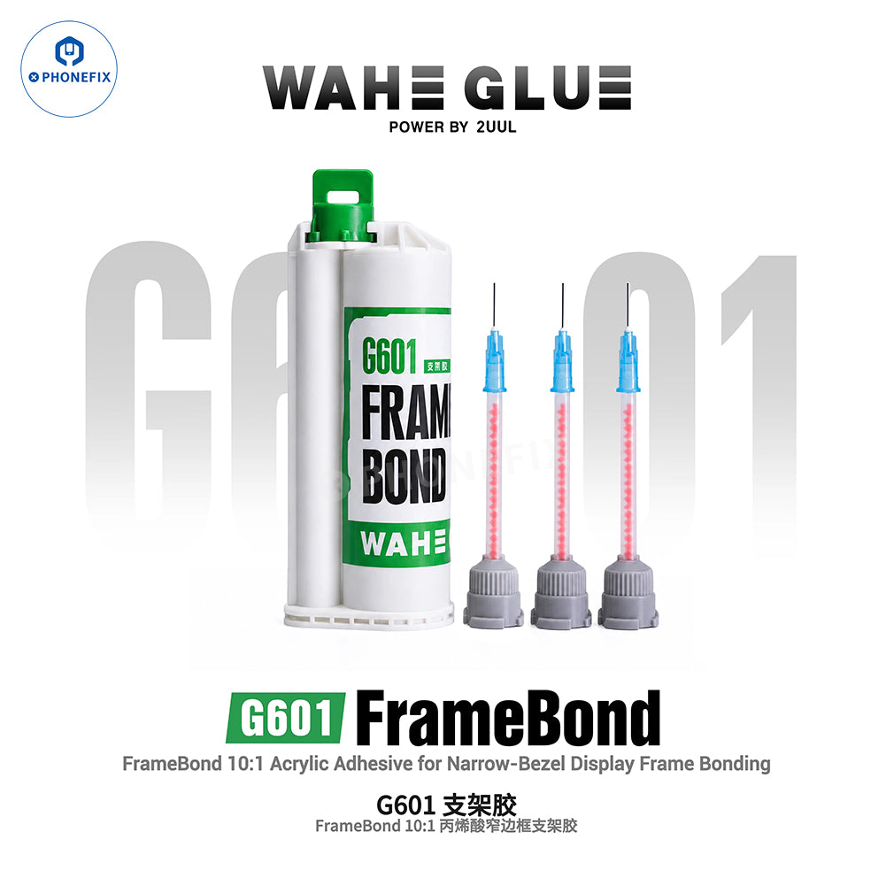 2UUL WAHE G601 FrameBond acrylic adhesive 50ML in a clear bottle, used for electronic device assembly and bonding applications.