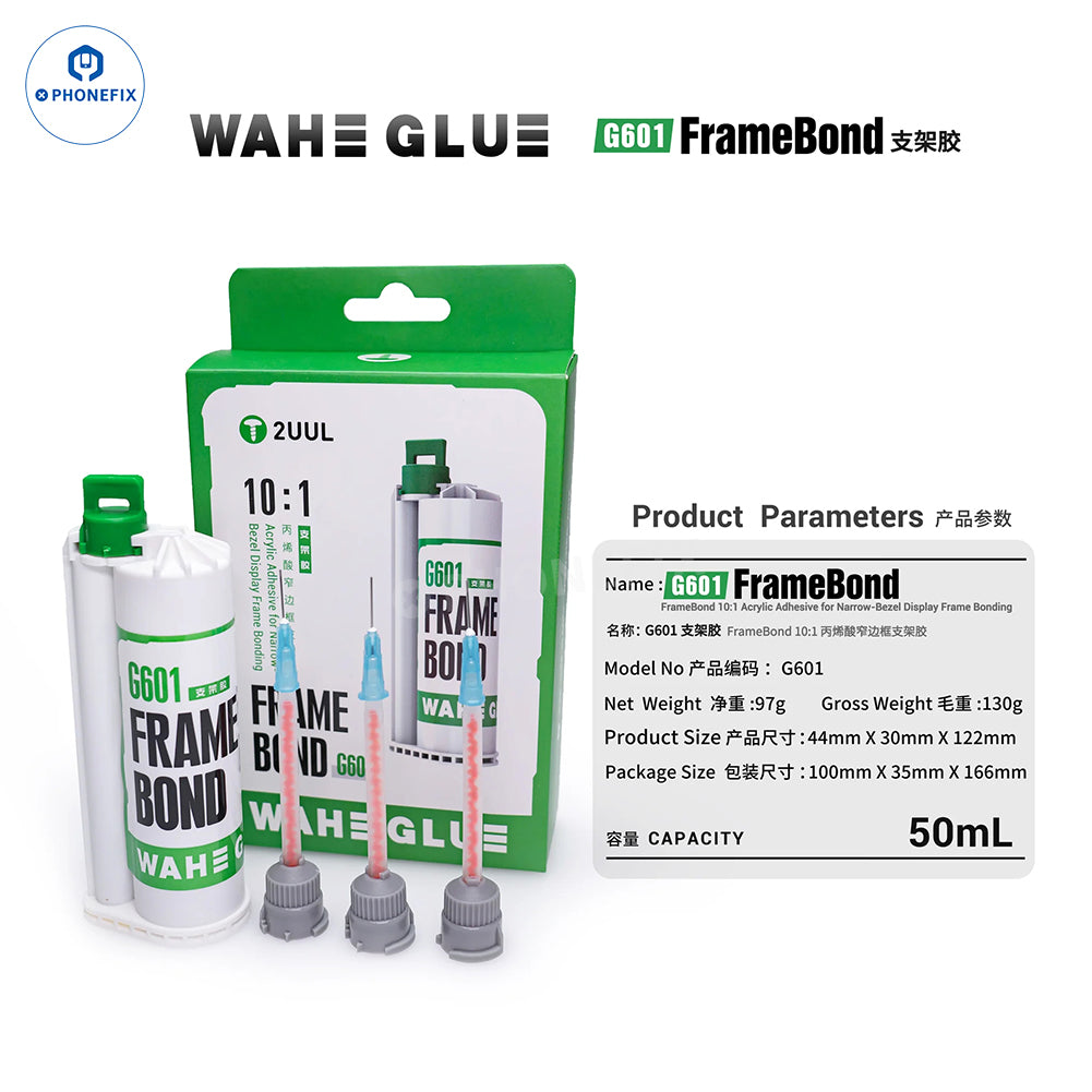 2UUL WAHE G601 FrameBond 10:1 acrylic adhesive in 50ML bottle, used as assist tool for phone repair by PHONEFIX.