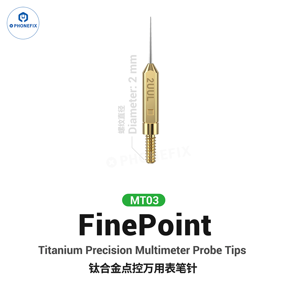 PHONEFIX 2UUL MT01 MT02 fine-tip multimeter pen test probes for PCB repair, shown attached to a multimeter for precise testing.