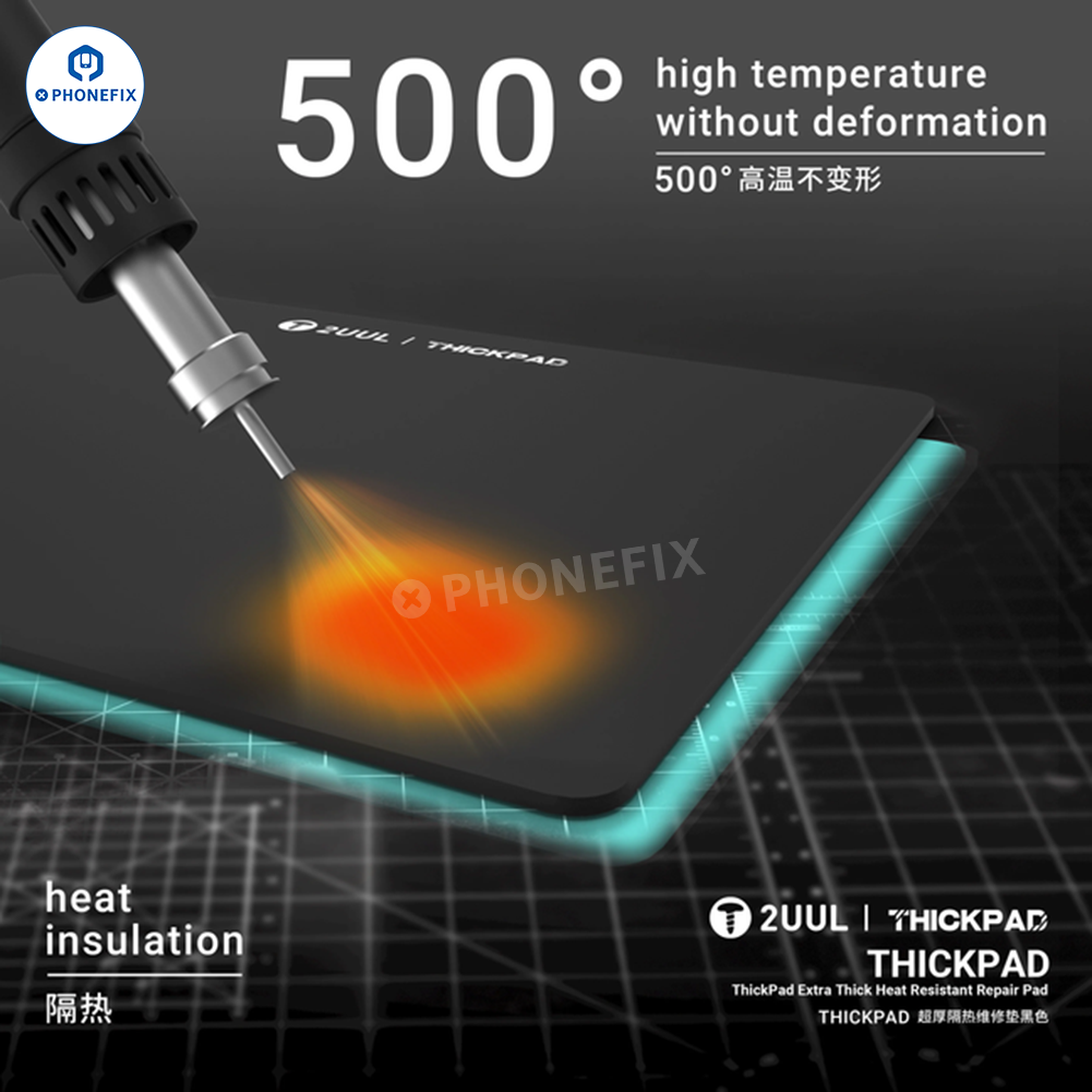 2UUL Heat Insulation Silicone Soldering Mat with anti-dust coating by PHONEFIX, showing a flexible, heat-resistant work surface.