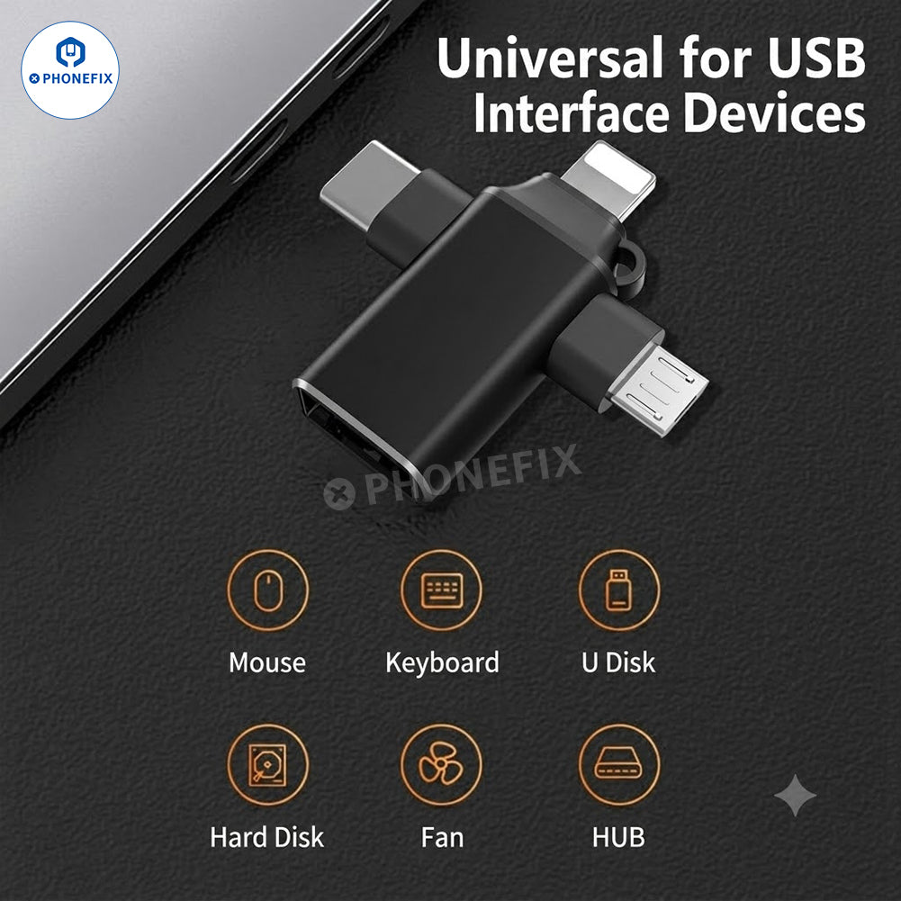 3-in-1 OTG Adapter with Lightning Type-C Micro USB for Phone Pad