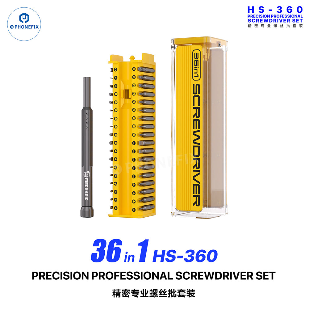PHONEFIX MECHANIC HS-360 36-in-1 precision screwdriver set for phone repair showing various screwdriver heads and tools.