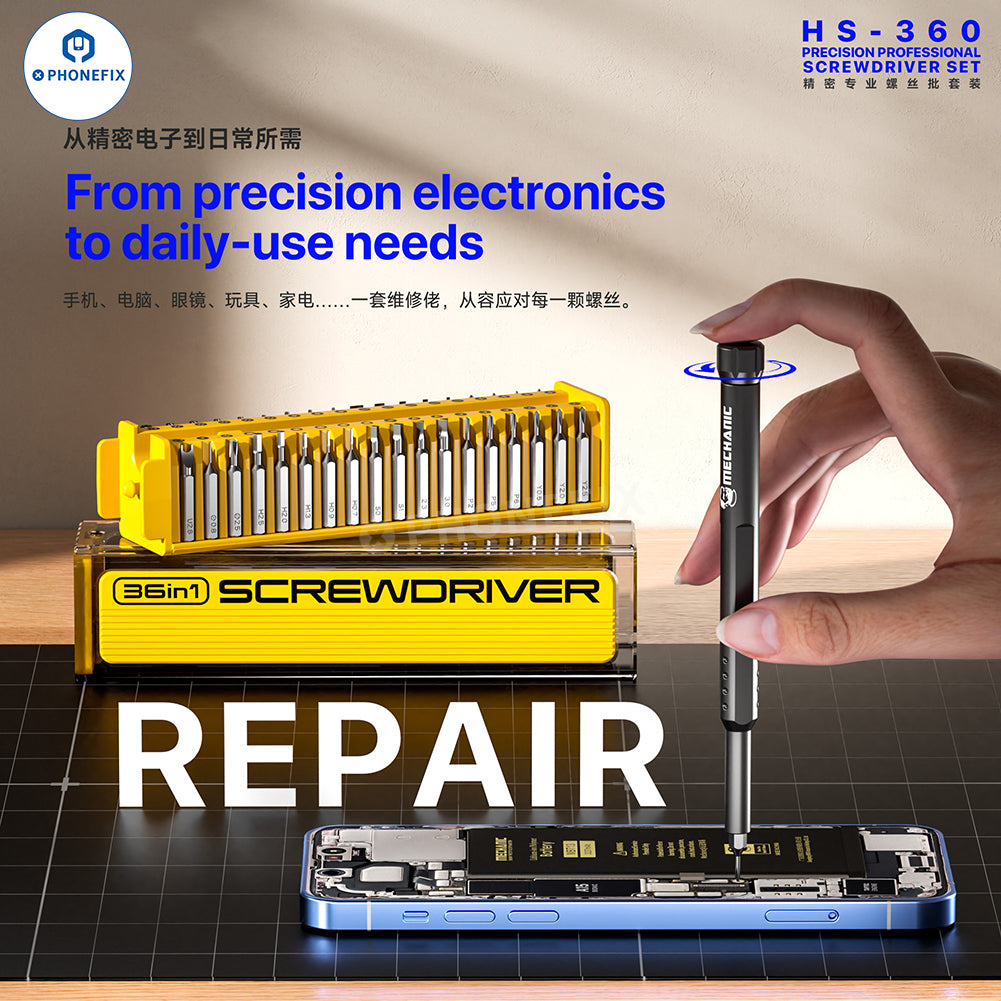 PHONEFIX MECHANIC HS-360 36-in-1 precision screwdriver set with various screwdriver bits for phone repair and electronics.
