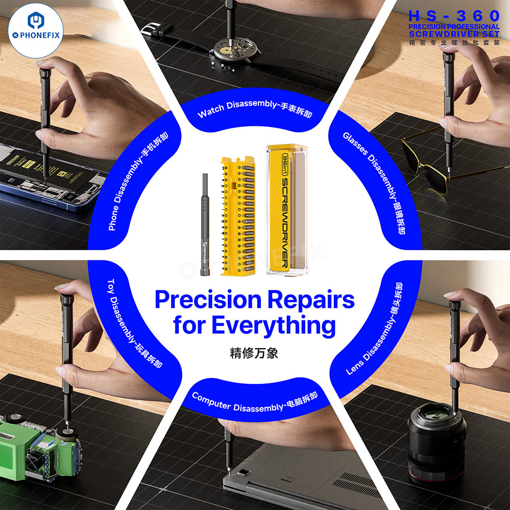 PHONEFIX MECHANIC HS-360 36-in-1 precision screwdriver set for phone repair, featuring various screwdriver bits and ergonomic handle.