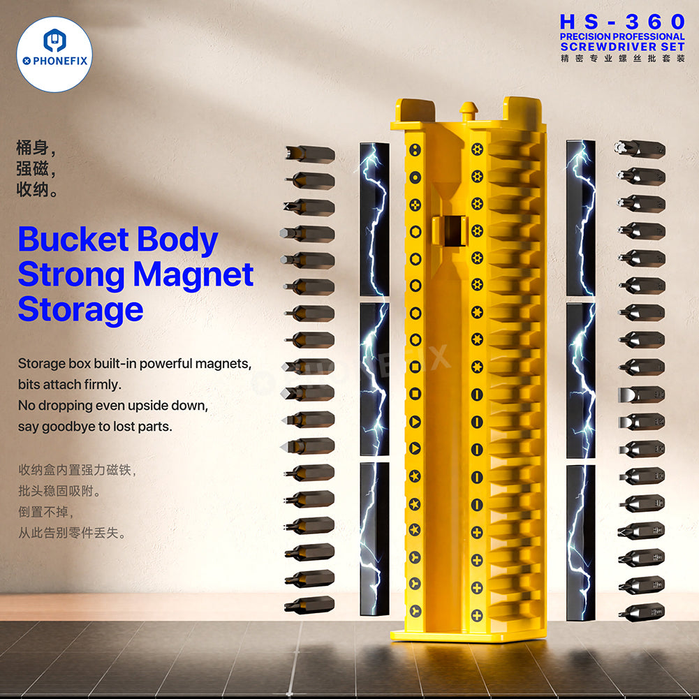 PHONEFIX MECHANIC HS-360 36-in-1 precision screwdriver set with various screwdriver bits for phone repair and electronics.