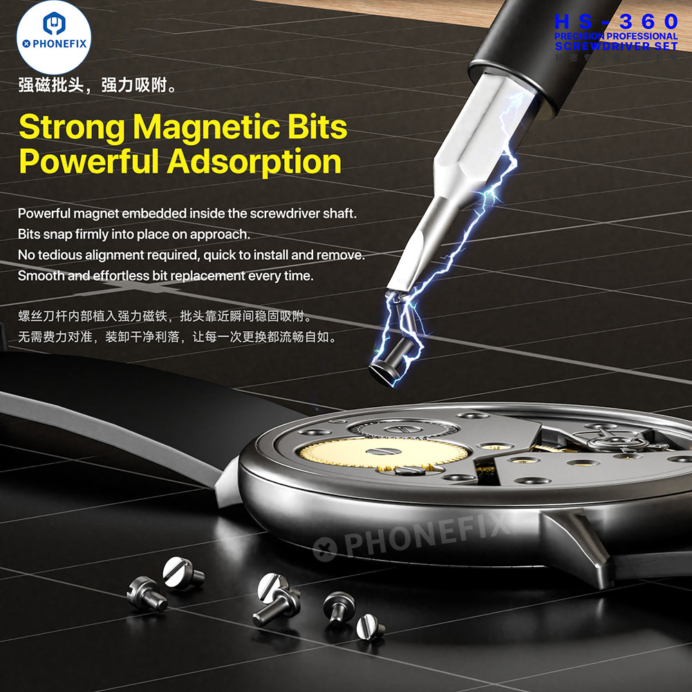 PhoneFix MECHANIC HS-360 36-in-1 precision screwdriver set with various screwdriver bits for phone repair and electronics.
