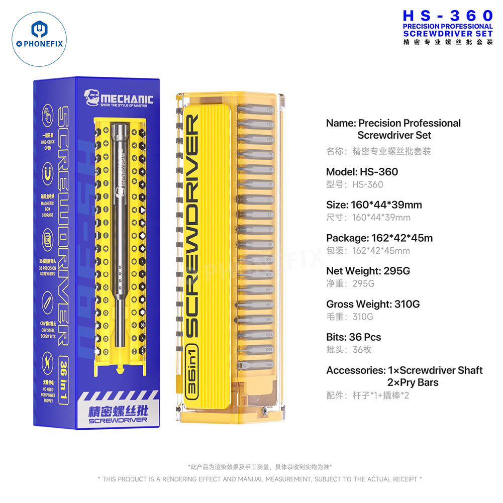 PHONEFIX MECHANIC HS-360 36-in-1 precision screwdriver set for phone repair, featuring multiple screwdriver heads and ergonomic handle.