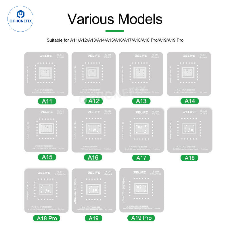 RELIFE RL-601MA A11-A19 PRO Plataforma universal de plantilla de reparación de CPU