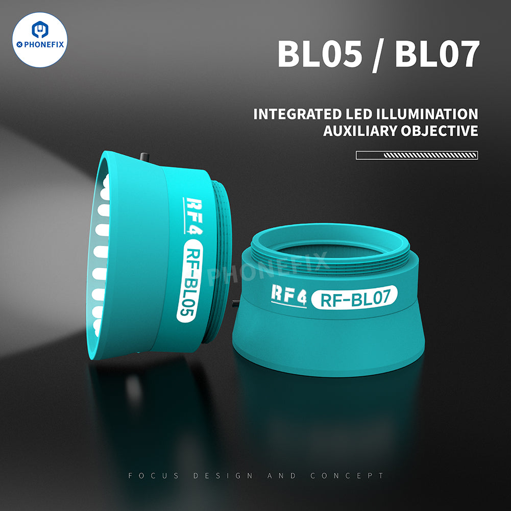 PHONEFIX RF4 RF-BL05/RF-BL07 integrated LED illumination auxiliary objective for microscopes, with built-in LED light source.