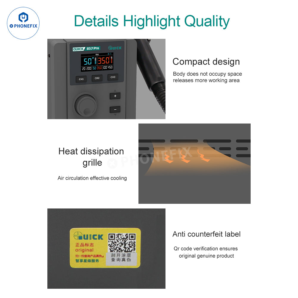 QUICK 857 Pro 580W Digital Hot Air Rework Station for Phone Repair