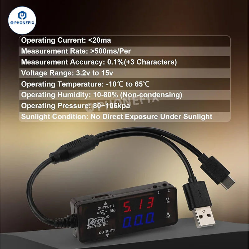 USB-A/USB-C Dual Port Detector Power Meter for Charging Diagnostic
