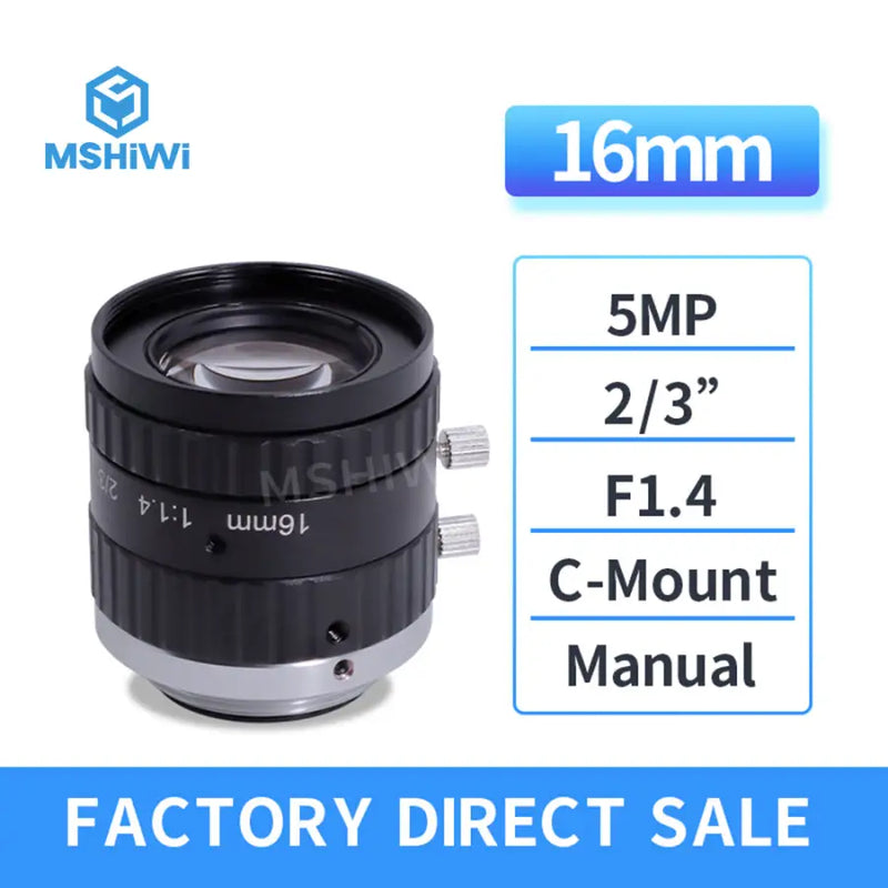 5.0MP C-mount 16mm 2/3 F1.4 Low Distortion FA Lens for
